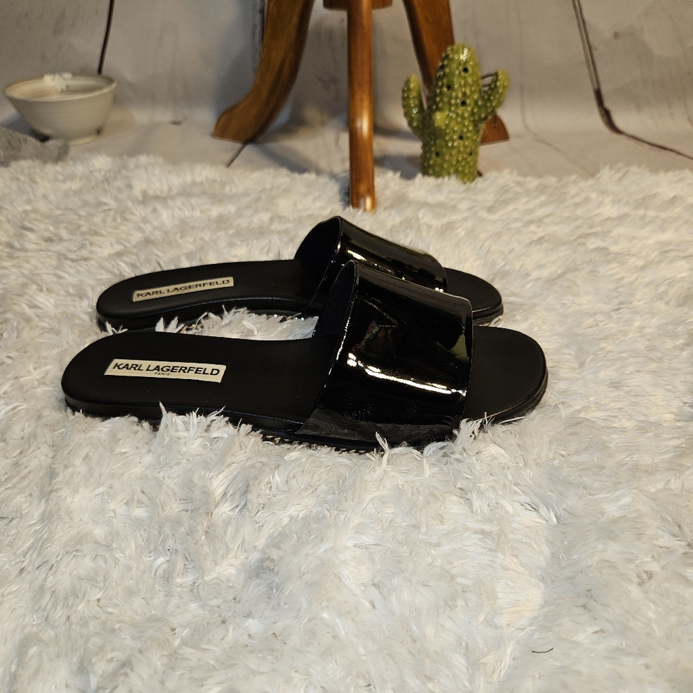 Karl Lagerfeld Glossy Black Patent Slide Sandals
